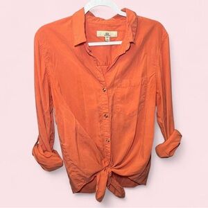 Thread & Supply orange button up shirt with tie detail